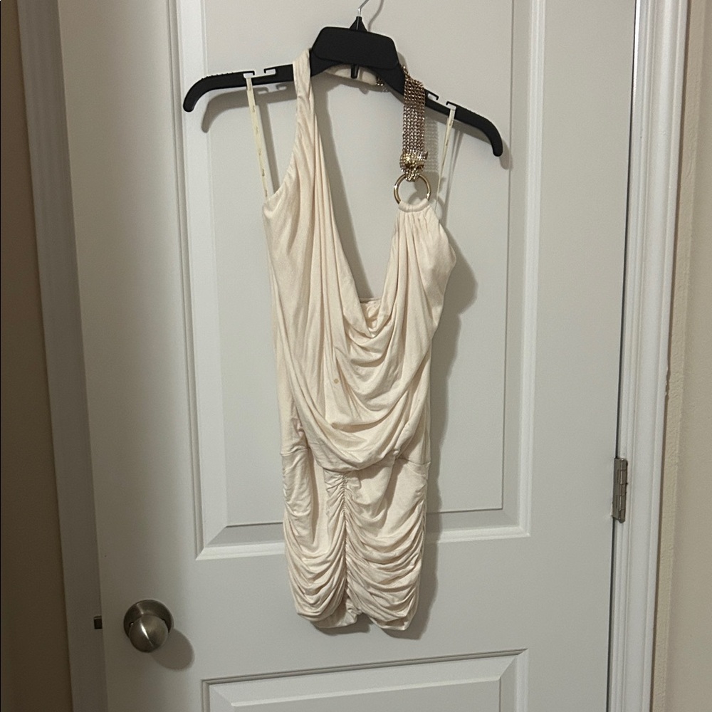 Sky Cream Draped Halter Mini Dress with Gold Ring